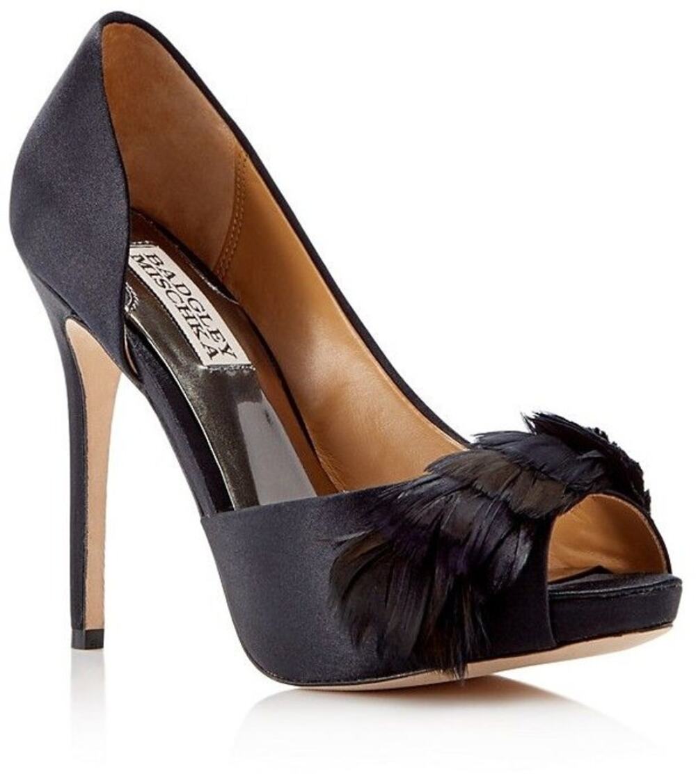 Badgley Mischka Gisella d'Orsay Peep open toe feather Evening Black Pumps 9.5